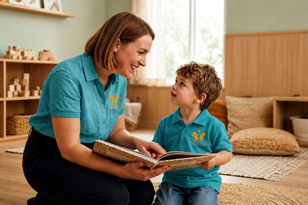 Educator reading with a child at Creative Minds Early Learning Centre