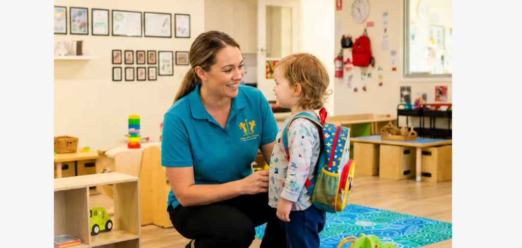 Educator welcoming a young child at Creative Minds Early Learning Centre